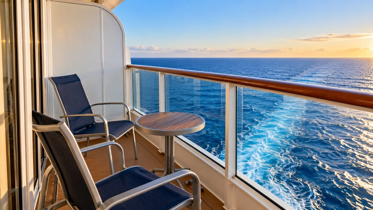 Realistic cruise ship balcony with two navy sling chairs, a small round table, glass railing, and views of the blue ocean and ship’s wake.