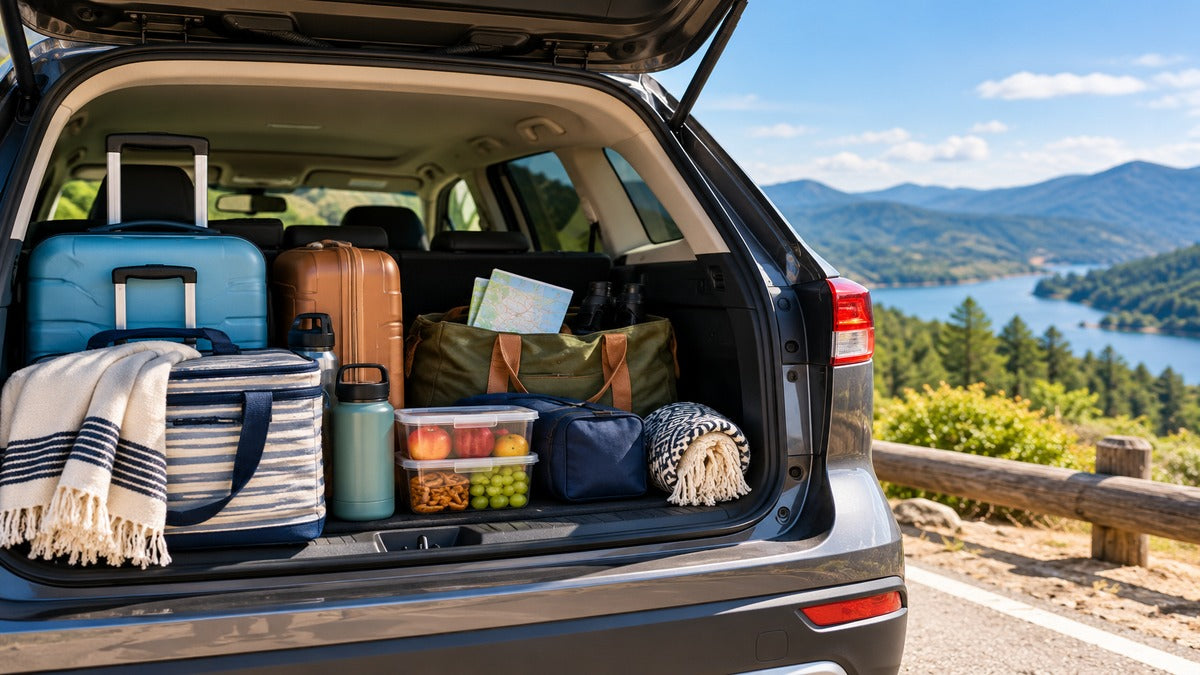 Open SUV trunk packed with luggage, a cooler, blankets, snacks, and road-trip essentials at a scenic mountain lake overlook.